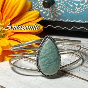 Amazonite Bracelet Cuff Bangle Handmade Gemstone 925 Silver Plated Bohemian New!